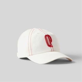 White baseball cap with red embroidered logo and contrast red stitching detail, structured curved brim
