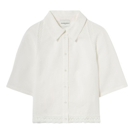White cropped short-sleeve shirt with point collar, button front, and scalloped lace hem trim