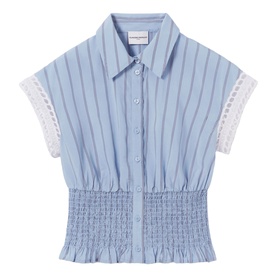 Claude Pierlot black striped short-sleeve shirt with smocked waist, button front, pointed collar, and lace trim sleeves