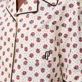 Cream floral and polka dot pyjama shirt with black piping trim and embroidered CP monogram chest detail
