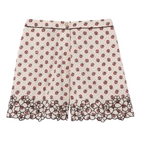 Claude Pierlot shorts in light print with floral pattern and scalloped broderie anglaise hem trim, cream and burgundy colourway