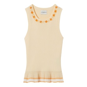 Cream ribbed knit sleeveless top with orange floral embroidered neckline and striped pleated hem detail