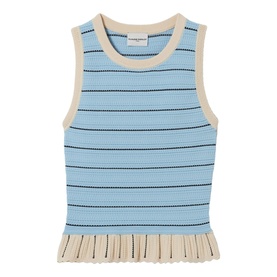 Claude Pierlot sleeveless knit top in black stripe, crew neck, ribbed hem and cream contrast trim detail
