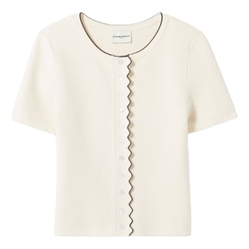 Cream short-sleeve knit cardigan with contrast dark brown scalloped trim along button placket and edges