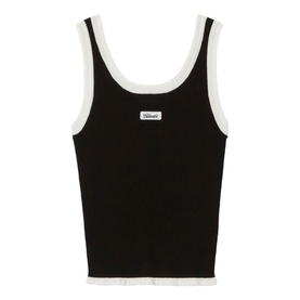 Claude Pierlot black ribbed tank top with white contrast trim at neckline, armholes and hem, with small logo patch at chest
