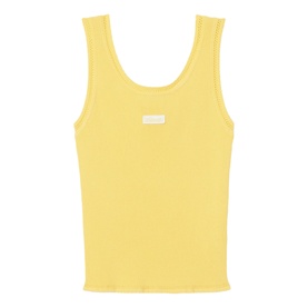 Yellow ribbed sleeveless vest top with small white logo label at centre chest, scoop neckline and slim fit silhouette