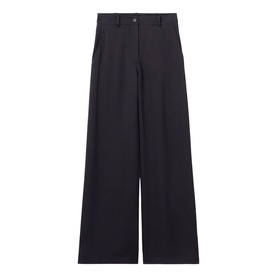 Navy wide-leg tailored trousers with button waistband, front pleats, and side pockets, laid flat on white background