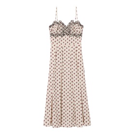 Cream slip midi dress with floral print, lace trim neckline, and thin spaghetti straps, flared skirt