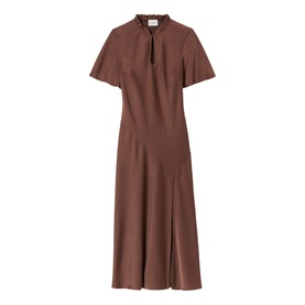 Claude Pierlot Womens French Dress in Brown Ice, short sleeves, tie neck collar, midi length with flared skirt and front split