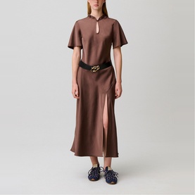Model wearing Claude Pierlot Womens French Dress in Brown Ice, styled with a black belt and blue patterned loafers