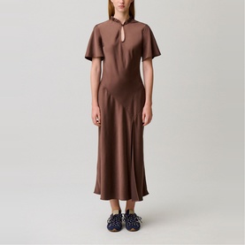 Model wearing Claude Pierlot Womens French Dress in brown ice, midi length with keyhole neckline and flutter sleeves.