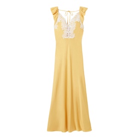 Yellow sleeveless midi dress with white lace butterfly chest detail, ruffle shoulders, open back tie, and flared hem