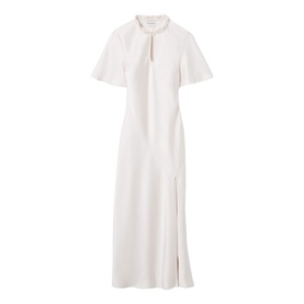 Claude Pierlot Womens French Dress in clear white, flutter sleeves, keyhole neckline, midi length with side split, ghost mannequin shot