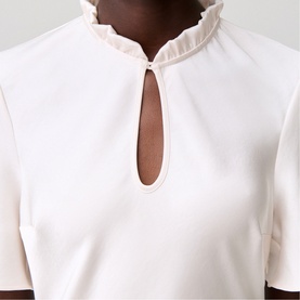 Model wearing Claude Pierlot Womens French Dress in clear, featuring ruffle mock neck, keyhole cutout, and short sleeves
