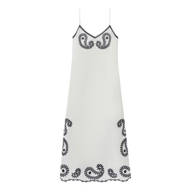 White slip midi dress with black contrast trim, V-neckline, spaghetti straps, and floral scroll embroidery at hem and neckline