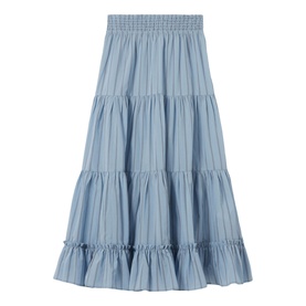 Light blue tiered maxi skirt with smocked elasticated waist, subtle stripe texture and ruffled hem layers