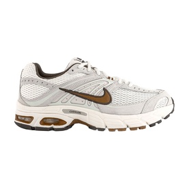 Nike men's trainer in Phantom Tan Sail Baroque, white mesh upper with tan swoosh, brown rubber outsole, Air cushioning unit visible