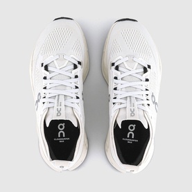 On Running men's trainers in white, top-down view showing lace-up front, mesh upper, and branded insole with black detailing.