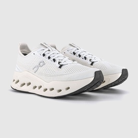 On Running trainers in white with mesh upper, black lacing, chunky cloud-pod midsole and dark outsole