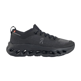 On Running trainer in Black, lightweight mesh upper, lace-up, chunky black CloudTec sole unit, side profile view.