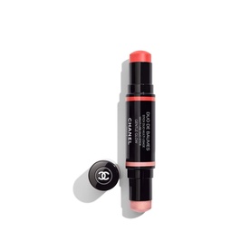 Chanel Multi-Use Duo Stick blush in Pure Glow, coral-pink dual-ended stick with black cap, shown uncapped