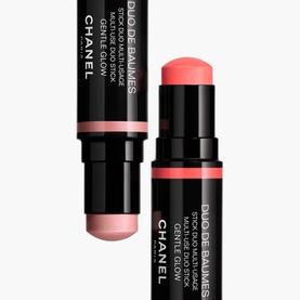 Chanel Multi-Use Duo Stick in Pure Glow, coral-pink blush stick shown capped and uncapped revealing creamy product tip
