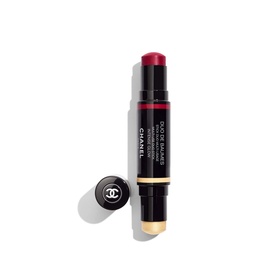 Chanel Multi-Use Duo Stick in Pure Glow, dual-ended blush stick with deep berry and pale gold tones, gold-banded twist-up format
