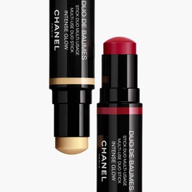 Chanel Multi-Use Duo Stick in Pure Glow, dual-ended blush stick with champagne and deep berry shades, shown capped and uncapped