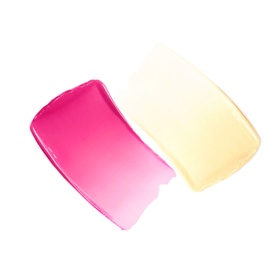 Chanel Multi-Use Duo Stick in Pure Glow, showing two cream texture swatches in vivid pink and soft yellow tones.
