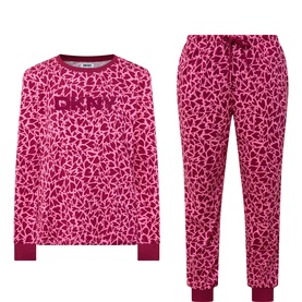 DKNY Pink pyjama set with all-over heart print, crew neck long-sleeve top with logo, and elasticated cuffed jogger bottoms