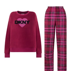 DKNY Dark Pink pyjama set with heart logo sweatshirt top and pink tartan check trousers