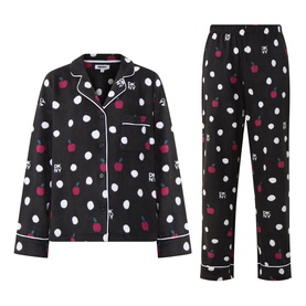 DKNY Dotted Apple Pyjamas in black with white polka dots and red apple print, notched collar shirt and elasticated waist bottoms