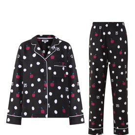 DKNY Dotted Apple Pyjamas in black with white polka dots and red apple print, notched collar shirt and elasticated waist bottoms