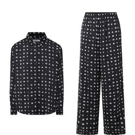 DKNY black pyjama set with all-over logo print, featuring a button-through shirt and wide-leg trousers