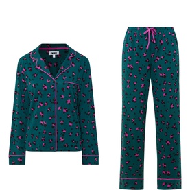 DKNY dark green pyjama set with pink leopard print, contrast piping, button-front top and drawstring trousers