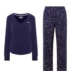 DKNY Navy Pyjamas set with plain V-neck long-sleeve top and star-print trousers in navy, pink and white