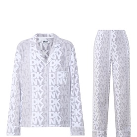 DKNY Logo Stripe Pyjamas in grey, featuring all-over logo print, notched collar shirt with long sleeves and matching straight-leg trousers