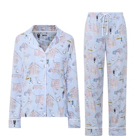 DKNY blue pyjama set with novelty city-scene print, long-sleeve button-front top and matching full-length trousers