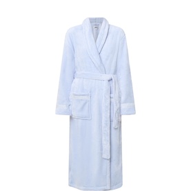 DKNY Light Blue polyester robe with shawl collar, tie belt, and patch pocket, laid flat
