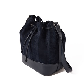 Jigsaw navy suede and leather bucket bag with drawstring top, silver hardware, and adjustable shoulder strap