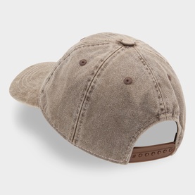 Edwin brown washed cotton baseball cap, rear view showing structured brim, eyelets, and brown leather adjustable back strap