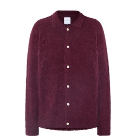 Edwin burgundy boucle cardigan with collar, snap-button fastening and long sleeves, flat lay view
