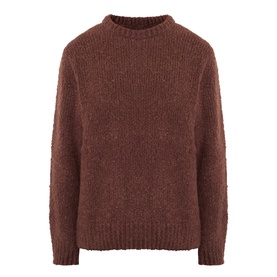 Edwin Crew Neck jumper in Rum Raisin, chunky knit texture with ribbed cuffs, hem and neckline