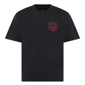 Edwin black crew neck T-shirt with red circular chest logo graphic, 100% cotton short sleeve design