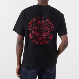 Model wearing Edwin black crew neck T-shirt, back view showing red frog graphic print with Edwin Music Channel text