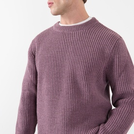 Model wearing Edwin Crew Neck jumper in Grape Nectar, ribbed waffle-knit texture, styled with white crew neck underneath.