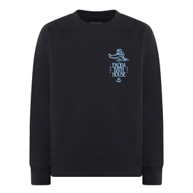 Edwin black cotton sweatshirt with blue graphic chest print, crew neck, long sleeves, flat lay view