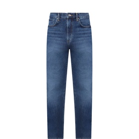 Edwin 3049 tapered jeans in blue Plaza Wash, 100% cotton, five-pocket styling, flat lay product shot