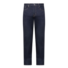Edwin 3049 Tapered Jeans in blue rinsed wash, five-pocket design with contrast stitching, straight leg, flat lay view