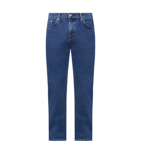 Edwin 3049 tapered jeans in Blue Easy Wash, five-pocket styling, contrast stitching, zip fly, straight leg cut in mid-blue denim